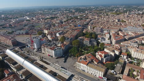 Montpellier-train-station-city-center-mediterranean-town,-aerial-view